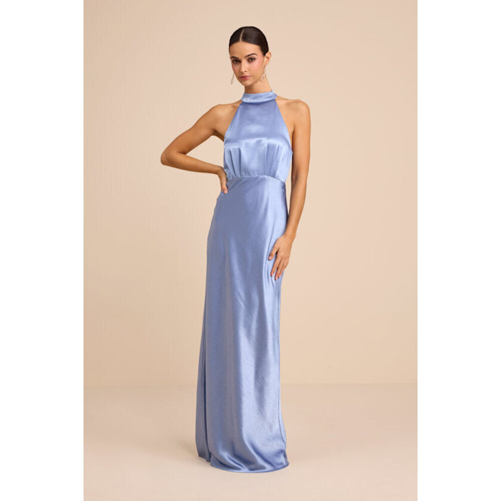 Lulus Sevinia Slate Blue Satin Mock Neck Sleeveless Maxi Dress - Size XL